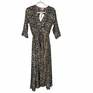 NWT Cienna Maxi Wrap Dress Silk Blend Small Black Gold Mix Floral Dark Midi Boho